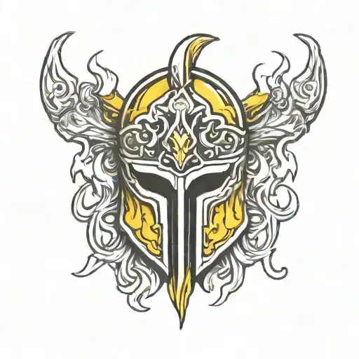 tattoo of a yellow Spartan helmet with a crest made of flames and a pendant referencing Kratos' Blades of Chaos tattoo design idea