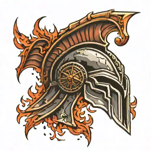 tattoo of a Spartan helmet with a crest made of flames and a pendant referencing Kratos' Blades of Chaos tattoo design idea