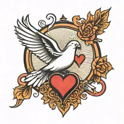 A Forearm tat with two hearts in the middle that caught fire. with a shined light surrounding them, and a dove underneat tattoo design idea