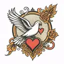 A Forearm tat with two hearts in the middle that caught fire. with a shined light surrounding them, and a dove underneat tattoo design idea