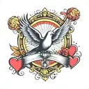 A Forearm tat with two hearts in the middle that caught fire. with a shined light surrounding them, and a dove underneat tattoo design idea