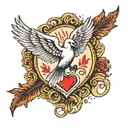 A Forearm tat with two hearts in the middle that caught fire. with a shined light surrounding them, and a dove underneat tattoo design idea