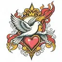 A Forearm tat with two hearts in the middle that caught fire. with a shined light surrounding them, and a dove underneat tattoo design idea