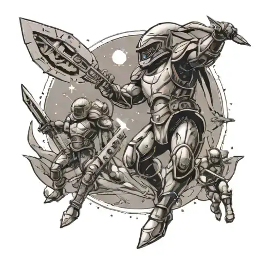 Interstellar battle scene featuring gladiators fighting aliens tattoo design idea