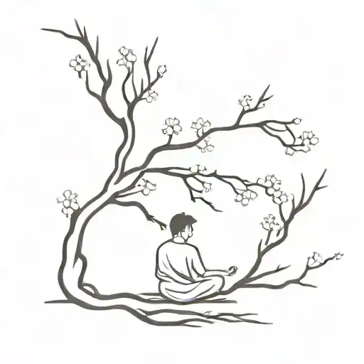 A minimalist tattoo of a Japanese cherry blossom tree, with silhouette of Myamoto Musashi meditating under its branches. tattoo design idea
