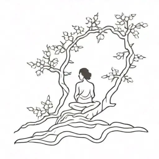A minimalist tattoo of a Japanese cherry blossom tree, with silhouette of Myamoto Musashi meditating under its branches. tattoo design idea