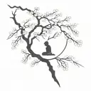 A minimalist tattoo of a Japanese cherry blossom tree, with silhouette of Myamoto Musashi meditating under its branches. tattoo design idea