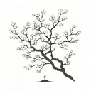 A minimalist tattoo of a Japanese cherry blossom tree, with silhouette of Myamoto Musashi meditating under its branches. tattoo design idea