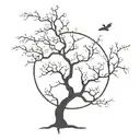 A minimalist tattoo of a Japanese cherry blossom tree, with silhouette of Myamoto Musashi meditating under its branches. tattoo design idea