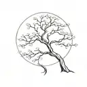A minimalist tattoo of a Japanese cherry blossom tree, with silhouette of Myamoto Musashi meditating under its branches. tattoo design idea