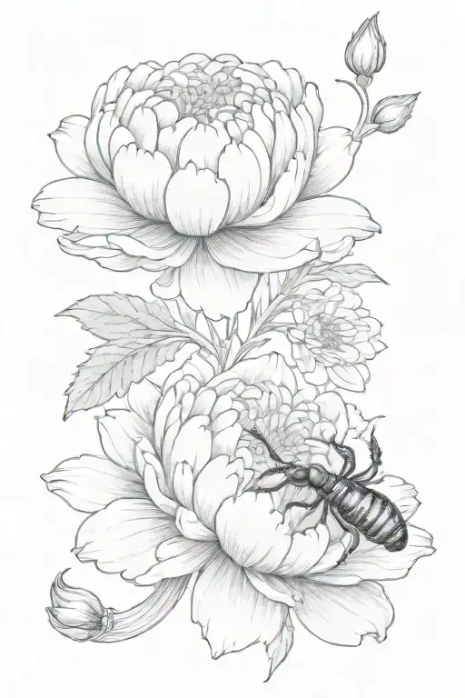 chrysanthemum flower and peony flower and scorpion  tattoo design idea
