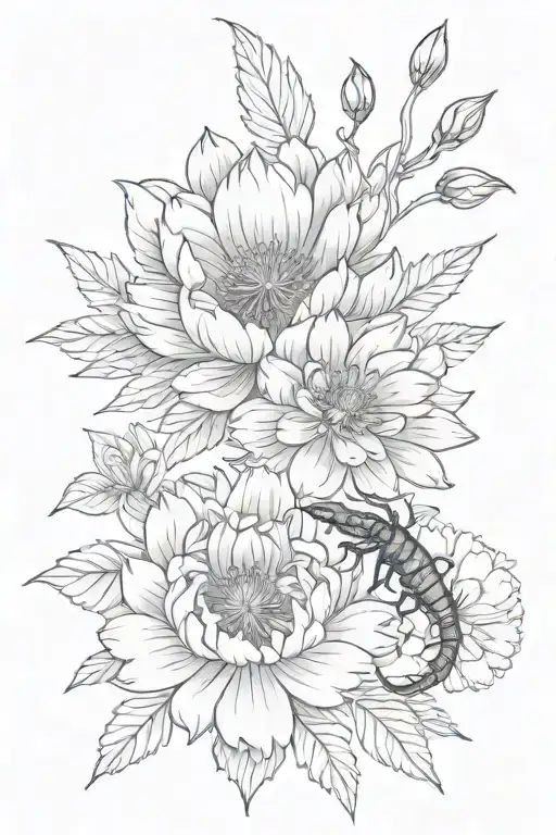 chrysanthemum flower and peony flower and scorpion  tattoo design idea