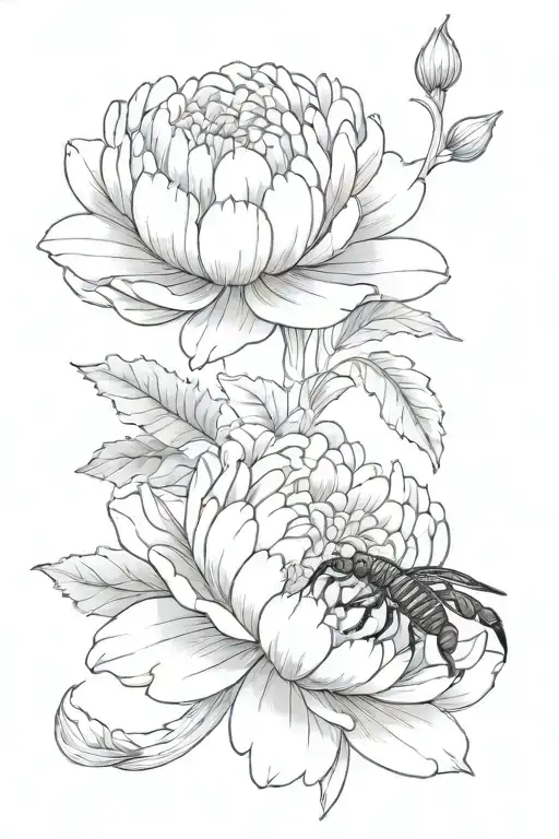 chrysanthemum with peony and scorpion  tattoo design idea