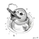 Rubber duck breathing fire in sketch style tattoo design idea