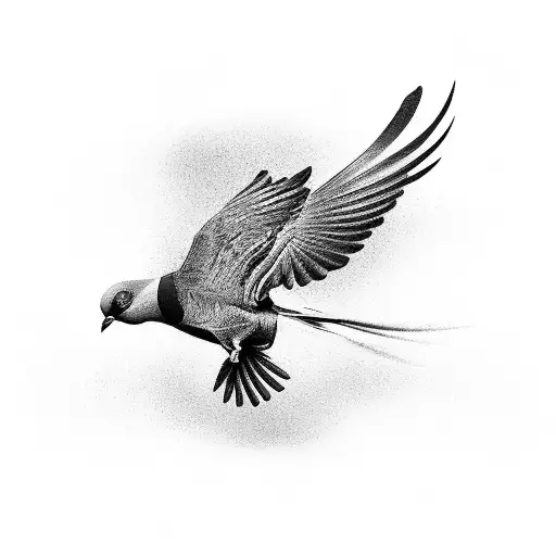 A black and grey portrait of a racing pigeon in mid-flight tattoo design idea