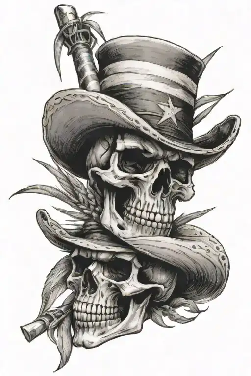Arizona star and stripes top of arm sleeve, under a realistic skull with cross bones wearing a straw hat  tattoo design idea