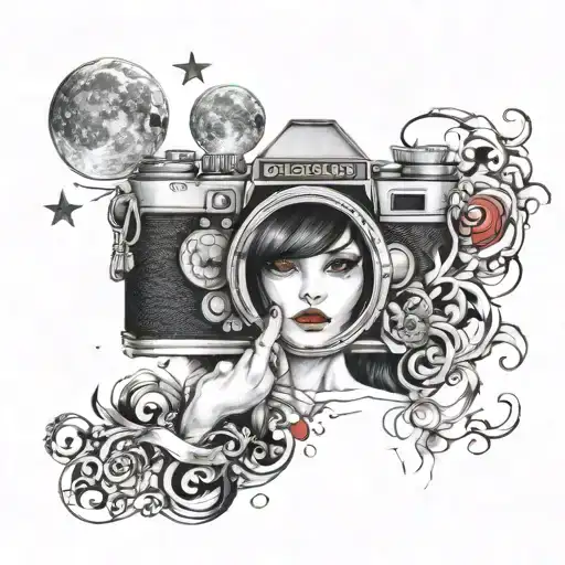Misfit Goddess, Camera, Moon, Red and black hair, dark eyes tattoo design idea
