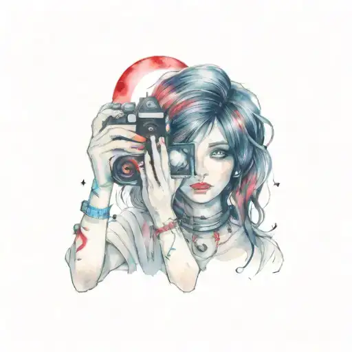 Misfit Goddess, Camera, Moon, Red and black hair, dark eyes tattoo design idea
