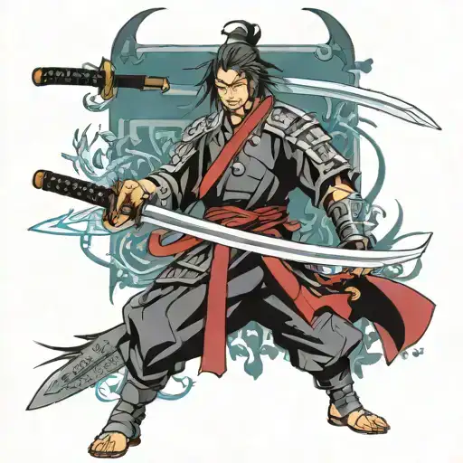 A katana in the center with three character heads aligned along the blade: Raiden Mei, Raiden Shogun and Acheron tattoo design idea