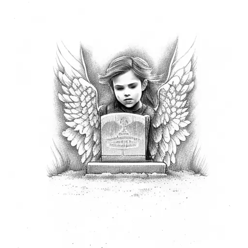 angel holding a tombstone in a graveyard with trees having people hanging by a rope tattoo design idea