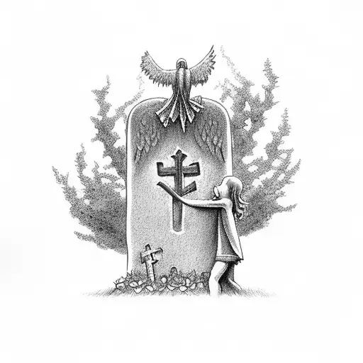 angel holding a tombstone in a graveyard with trees having people hanging by a ropefrom tattoo design idea