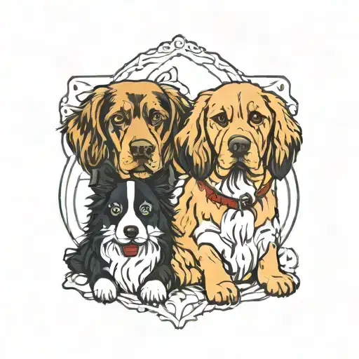 Cockerspaniel and Akita dog sitting together tattoo design idea