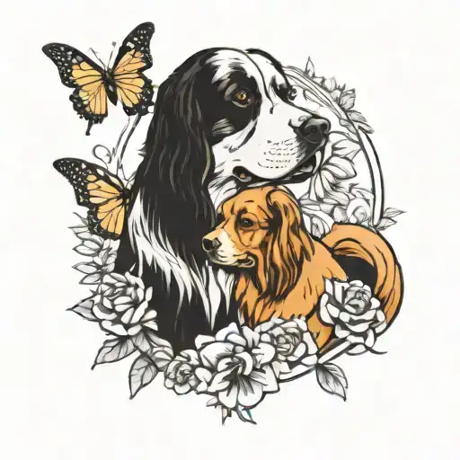 Cockerspaniel and Akita dog sitting together butterfly  tattoo design idea