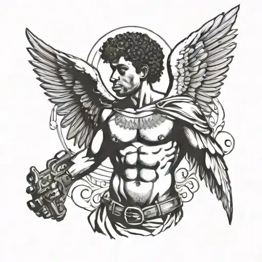 cupid as a black man with large wings holding a gun tattoo design idea