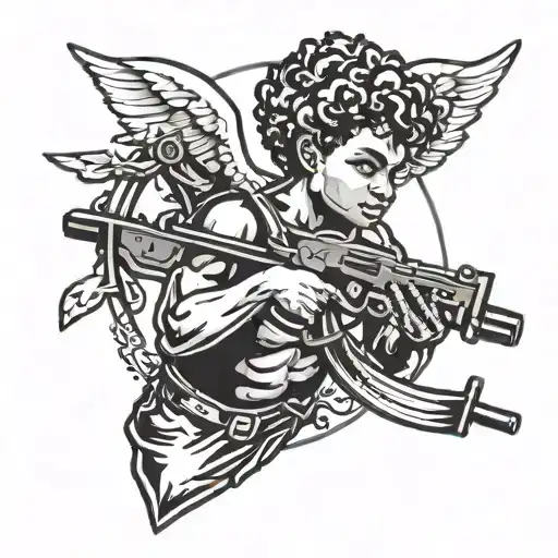 cupid as a black man holding a gun tattoo design idea