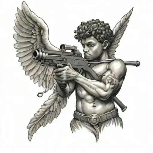 A tattoo of cupid as a black man holding a gun  tattoo design idea