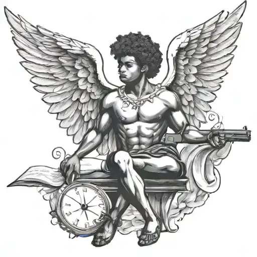 cupid as a black man with large wings holding a gun tattoo design idea