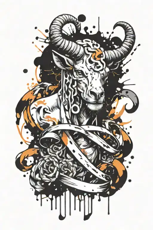 an orange cancer awareness ribbon in the background. infront is a aries with horns tattoo design idea