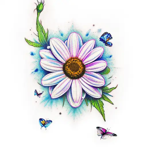 daisy, rose, larkspur, cornflower tattoo with butterflies  tattoo design idea
