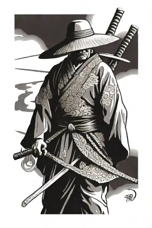 A samurai in kimono and straw hat with a katana in a scabbard on his belt stands sideways to the observer, a Japanese te tattoo design idea