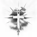 arm half sleeve Christian Cross with clouds filling the empty space and prayer hands and bible quote tattoo design idea