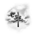 arm half sleeve Christian Cross with clouds filling the empty space and prayer hands and bible quote tattoo design idea