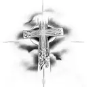arm half sleeve Christian Cross with clouds filling the empty space and prayer hands and bible quote tattoo design idea