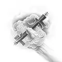 arm half sleeve Christian Cross with clouds filling the empty space and prayer hands and bible quote tattoo design idea