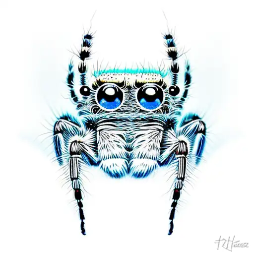 cute jumping spider, blue shading, dimension, cute spider, big eyes, jumping spider, cutie tattoo design idea