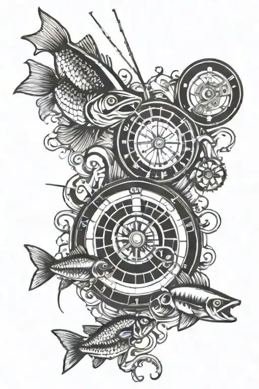 Fishing, ice hockey, roulette wheel surrounded tattoo design idea