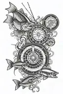 Fishing, ice hockey, roulette wheel surrounded tattoo design idea