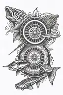 Fishing, ice hockey, roulette wheel surrounded tattoo design idea