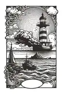 katwijk beacon with old church and bomb boat sailing tattoo design idea