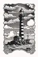 katwijk beacon with old church and bomb boat sailing tattoo design idea
