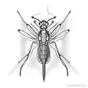 Gothic-inspired Mantis in a laboratory flask tattoo design idea