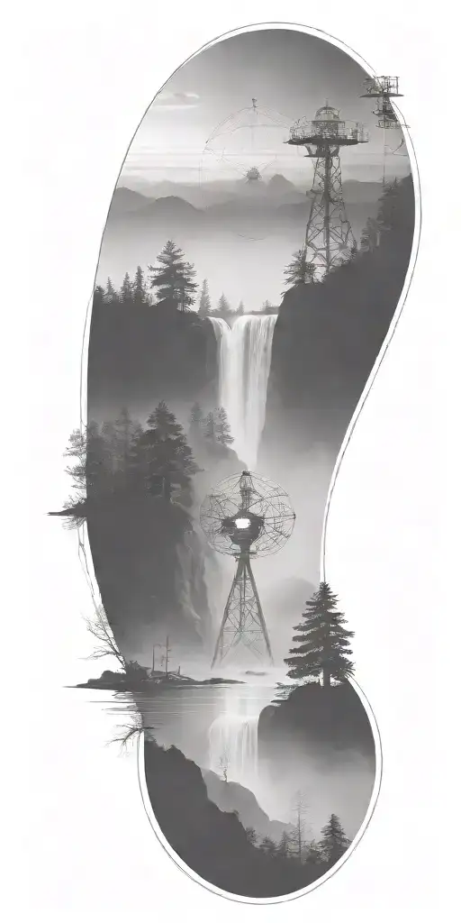 dark atmosphere fog river waterfall mountain radio telescope array tattoo design idea