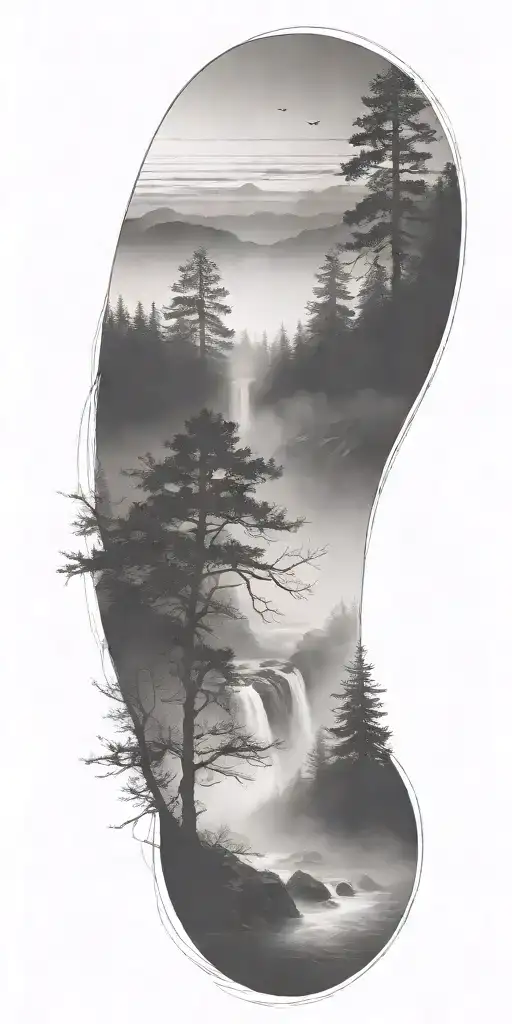 dark atmosphere fog river waterfall mountain tattoo design idea