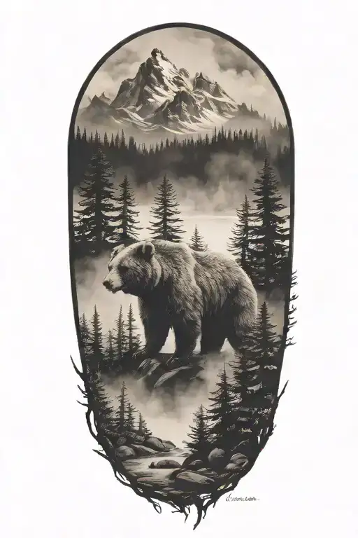 bear river fir trees fog dark tattoo design idea