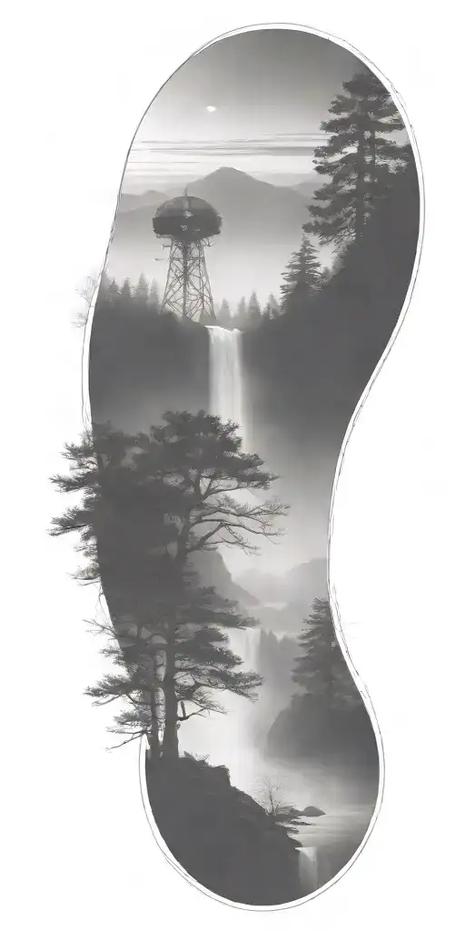 dark atmosphere fog river waterfall mountain radiotelescope tattoo design idea