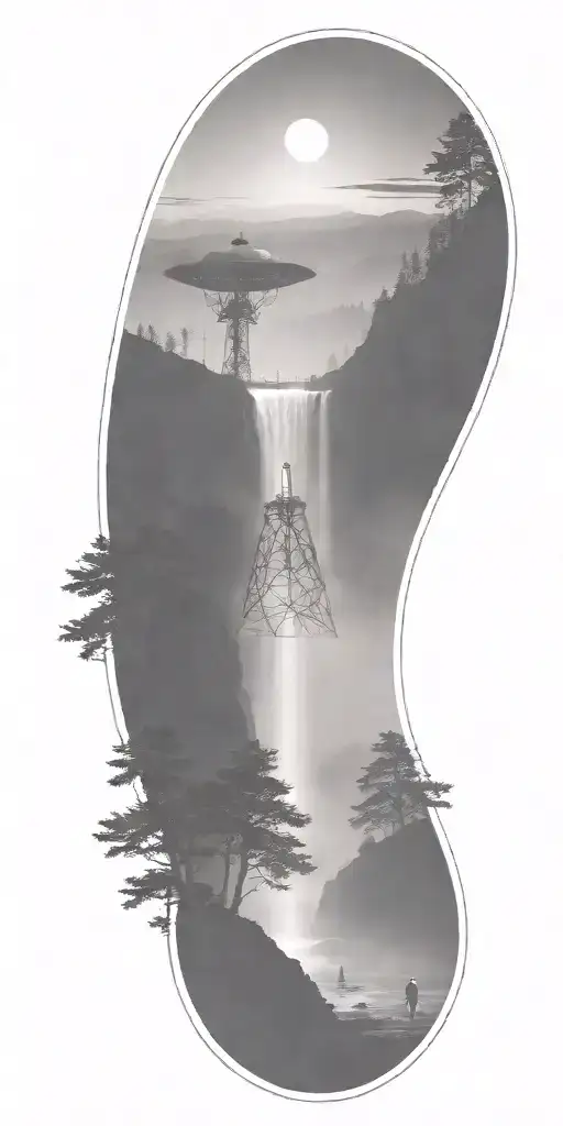 dark atmosphere fog big river waterfall mountain radio telescope tattoo design idea